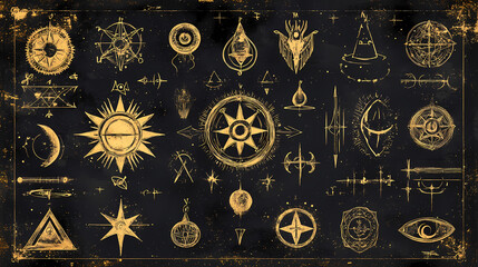 Backdrop of sacred zodiac symbols, astrology, alchemy, magic, sorcery and fortune telling. ai-generated digital painting. Alchemy & Magic Symbols. Illustration