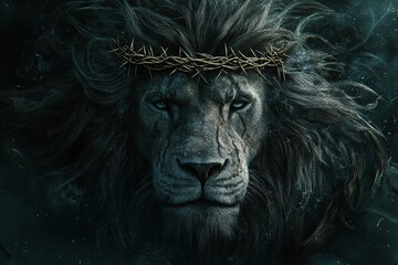 Fototapeta premium A noble lion gazes towards the horizon, symbolizing Jesus with a luminous cross subtly reflected in its eyes, conveying a powerful message of hope and faith.