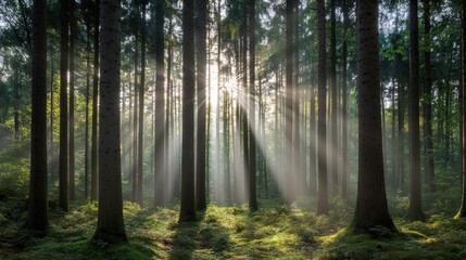 Fototapeta premium Sunlight Filtering Through Trees in Lush Green Forest Landscape