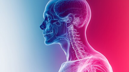 X-ray effect to subtly display his skeletal framework in a glowing blue, contrasted against a thermal backdrop that shades from icy blues at his extremities to intense reds at his torso