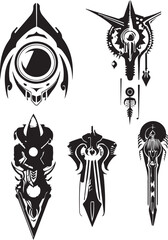 A set of decorative elements for design. Cyberpunk, gothic, retro, vintage, ornaments, patterns. Hand drawn vector illustration