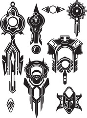 A set of decorative elements for design. Cyberpunk, gothic, retro, vintage, ornaments, patterns. Hand drawn vector illustration