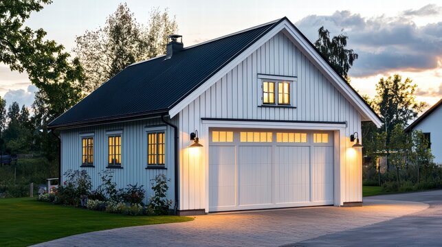 Charming Farmhouse Garage: A charming detached garage with a classic farmhouse design, featuring a white clapboard exterior, dark gray roof, and a large double garage door.