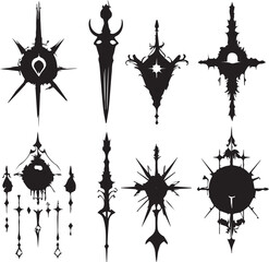 A set of decorative elements for design. Cyberpunk, gothic, retro, vintage, ornaments, patterns. Hand drawn vector illustration