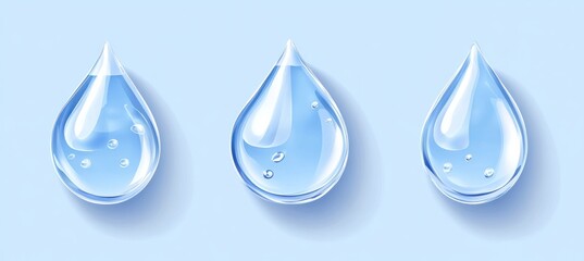 Three Crystal-Clear Water Drops,  A Refreshing Visual Representation of Purity and Hydration