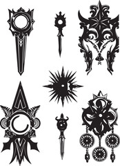 A set of decorative elements for design. Cyberpunk, gothic, retro, vintage, ornaments, patterns. Hand drawn vector illustration
