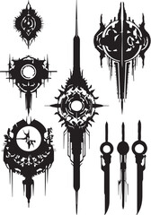 A set of decorative elements for design. Cyberpunk, gothic, retro, vintage, ornaments, patterns. Hand drawn vector illustration