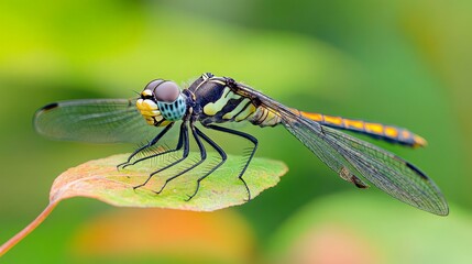 Close-Up View of Colorful Dragonfly on Green Leaf in Nature