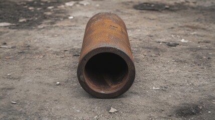 Rusty metal pipe on ground, industrial site background