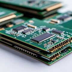 Close-Up View of Multiple Green Circuit Boards with Complex Microchips and Electronic Components