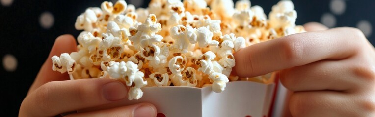 Hands hold a generous portion of buttery popcorn in a warm, inviting setting perfect for a cozy movie night at home. The atmosphere is relaxed and filled with anticipation