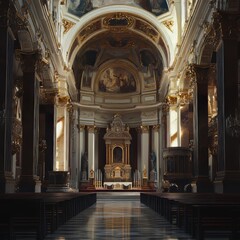 Obraz premium Ornate church interior, sunlight streams in.