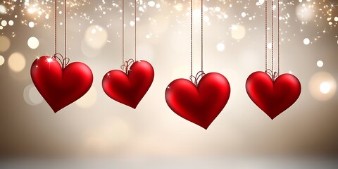 Floating Red Hearts with Sparkles on Light Bokeh Background for Valentine's Day