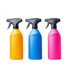 Colorful Spray Bottles in Yellow, Blue, and Pink for Cleaning Solutions and Home Care