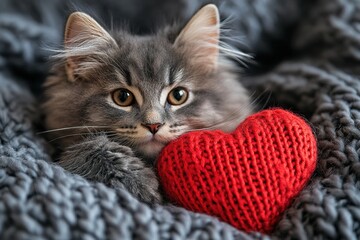 Naklejka premium holiday valentine card with cute kitten holding red knitted heart in paws