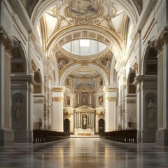 Fototapeta premium Grandiose cathedral interior, sunlight streams in.