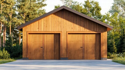 Naklejka premium Rustic Wooden Garage: A charming double-door garage with a wooden facade and warm lighting, nestled in a serene forest setting, evokes a sense of tranquility and rural charm.