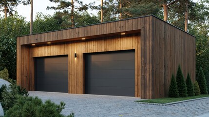 Modern Timber Garage: A sleek and contemporary double garage with a natural wood siding, minimalist design, and two sleek black garage doors.