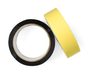 Rolls of adhesive and masking tapes isolated on white, top view