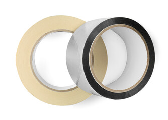 Rolls of adhesive and masking tapes isolated on white, top view