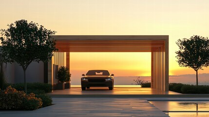 Luxury Car in Sunset Garage: A sleek, black SUV sits majestically within a modern, open-air garage, bathed in the warm, golden hues of a breathtaking sunset. The scene exudes luxury and exclusivity.