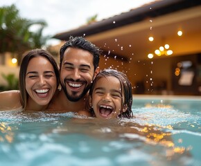 Happy diverse family swimming together in outdoor pool on sunny day