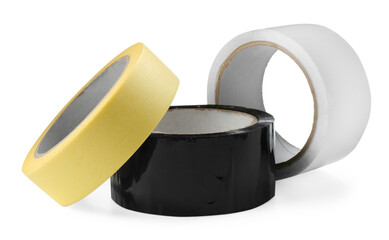 Rolls of different adhesive tapes isolated on white