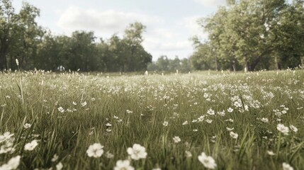 Summer meadow wildflowers, trees background, peaceful nature scene, idyllic landscape
