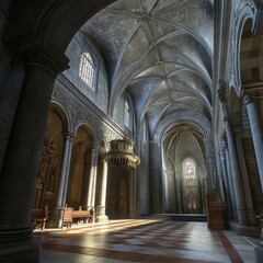 Fototapeta premium Sunlit Gothic cathedral aisle