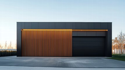 Modern Garage Design: A sleek and contemporary garage featuring a minimalist design, with a combination of black and wood cladding, creating a striking visual contrast.