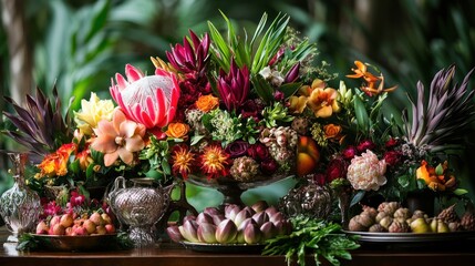 Exquisite Tropical Floral Arrangement with Exotic Fruits