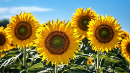 Fototapeta premium Bright Yellow Sunflowers Blooming Under Clear Blue Sky