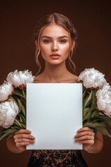 Woman holding a blank sign, flanked by peonies.
