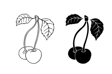 Line sketch, silhouette of summer cherry berries. Vector graphics.