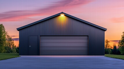 Fototapeta premium A sleek metal garage with a gable roof, featuring a large single door and clean lines. The structure has a modern minimalist design, with soft LED lighting accentuating the shape. 