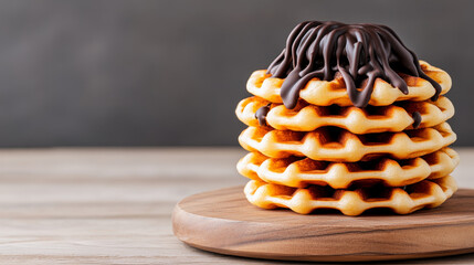 Stack of crispy Lige waffles drizzled with melted chocolate on a rustic wooden board in warm light with an elegant presentation