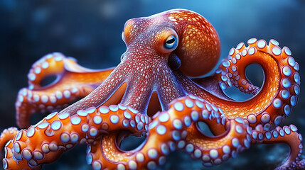 Obraz premium Closeup of an octopus arm showcasing intricate details and textured suckers, symbolizing adaptability, intelligence, and mystery, with modern blurred empty space for captions.