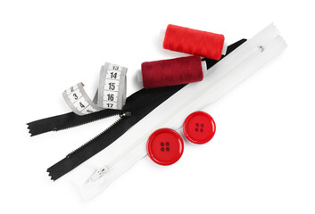 Different sewing supplies isolated on white, top view