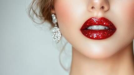 Fototapeta premium Sparkling Red Lips and Elegant Diamond Earrings