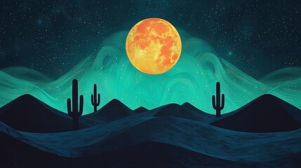 Desert Night Sky with Large Orange Moon and Silhouetted Cacti