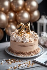 Fototapeta premium A delicious 21st birthday cake, decorated with gold balloons and sprinkles.