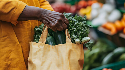 Stock minimalist photography of an older African American womans hand holding a reusable shopping bag filled with produce at an ecofriendly market with a minimal ba
