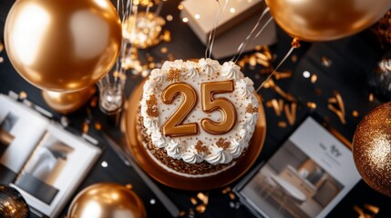 A celebratory 25th anniversary cake, adorned with gold accents and balloons.