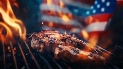 Grilled meat cooking over an open flame, a patriotic backdrop.