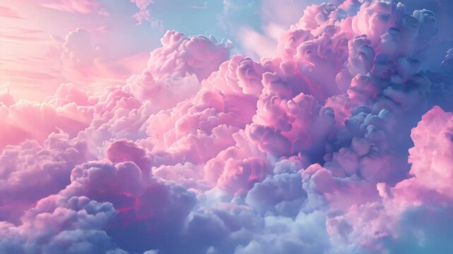 Clouds are pink and blue with a plane flying in the sky