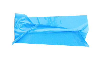 Strip of light blue adhesive tape on white background, top view