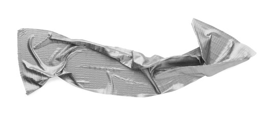 Wrinkled strip of silver adhesive tape on white background, top view