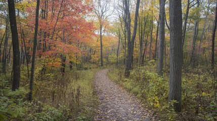 Obraz premium Serene Autumn Forest Pathway Surrounded by Colorful Foliage