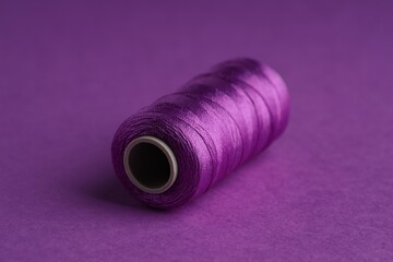 Spool of sewing thread on violet background, closeup