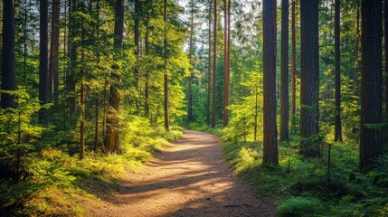 Fototapeta premium Serene Forest Pathway Surrounded by Lush Greenery in Sunlight